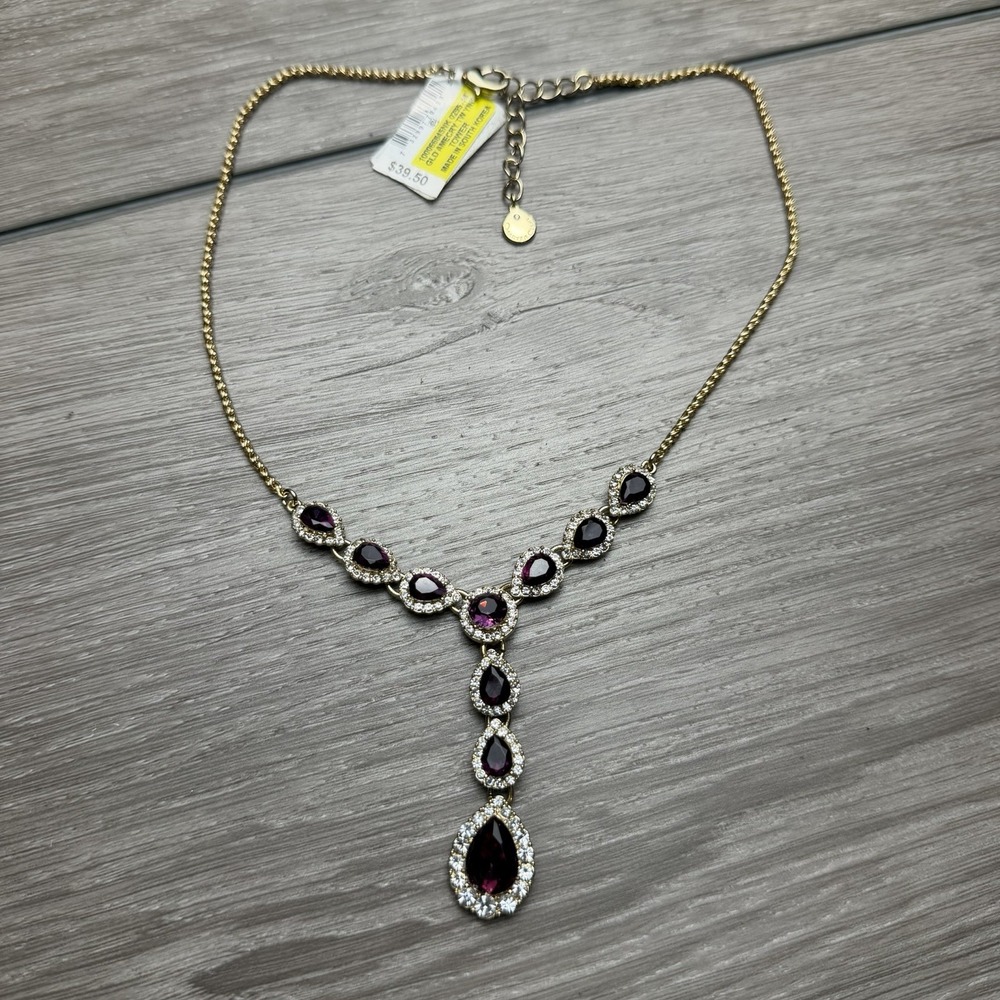 Charter Club Gold Tone‎ Amethyst Purple Teardrop Y Necklace Pave Rhinestone New